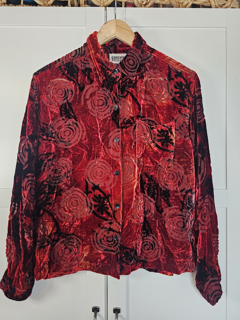 Vintage 90s Chico's Design Red Black Silk Velvet Burnout Shirt Jacket Sz 0 Small
